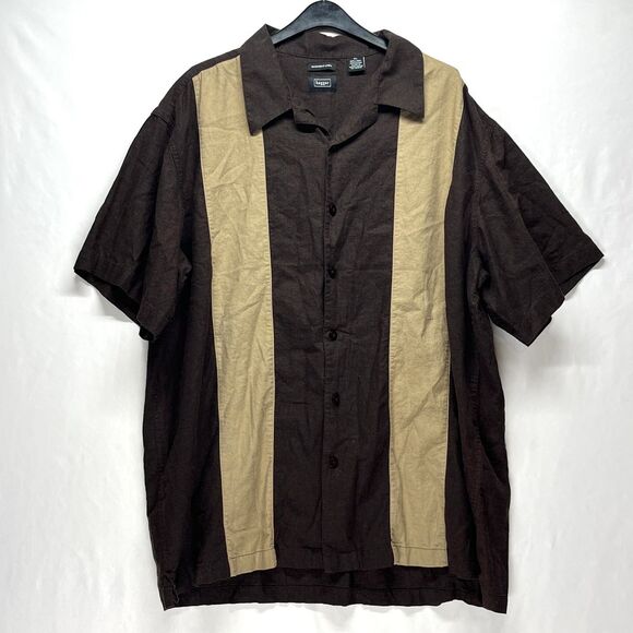 Haggar WASHABLE LINEN Check Pattern Short Sleeve Rayon x Linen Shirt Box Shirt Men's Size L linen brown type Vintage Second Hand